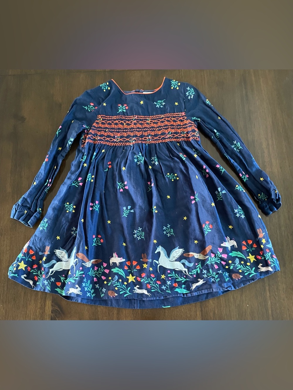 Mini Boden Girls Unicorn Whimsical Floral Long Sleeve Cotton Dress Navy Blue 7-8